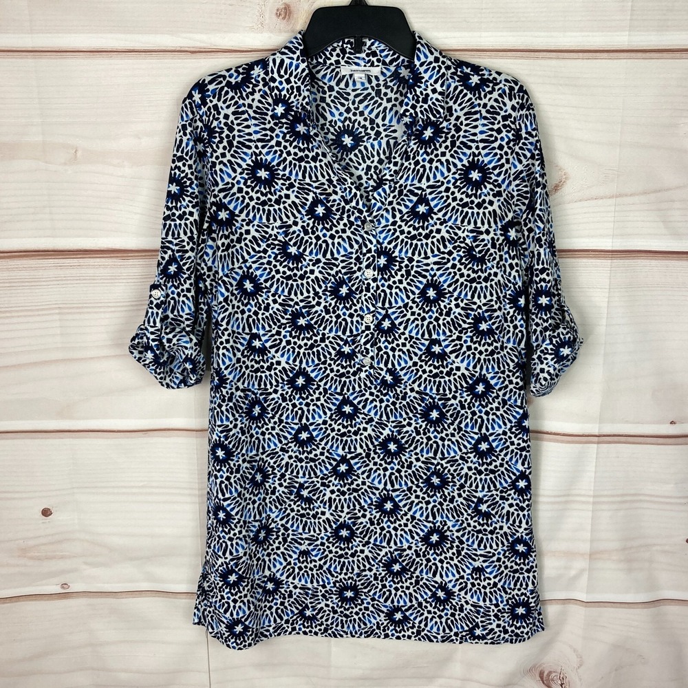 Talbots Dress Women XS Blue White Shirt Tab Sleeve 1/2 Button Pullover Geometric